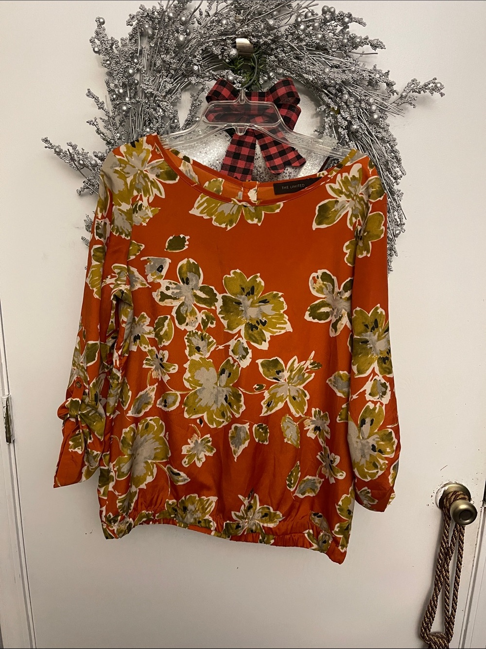 The Limited Orange Floral Scoop-Neck Blouse with Green and Cream Flowers